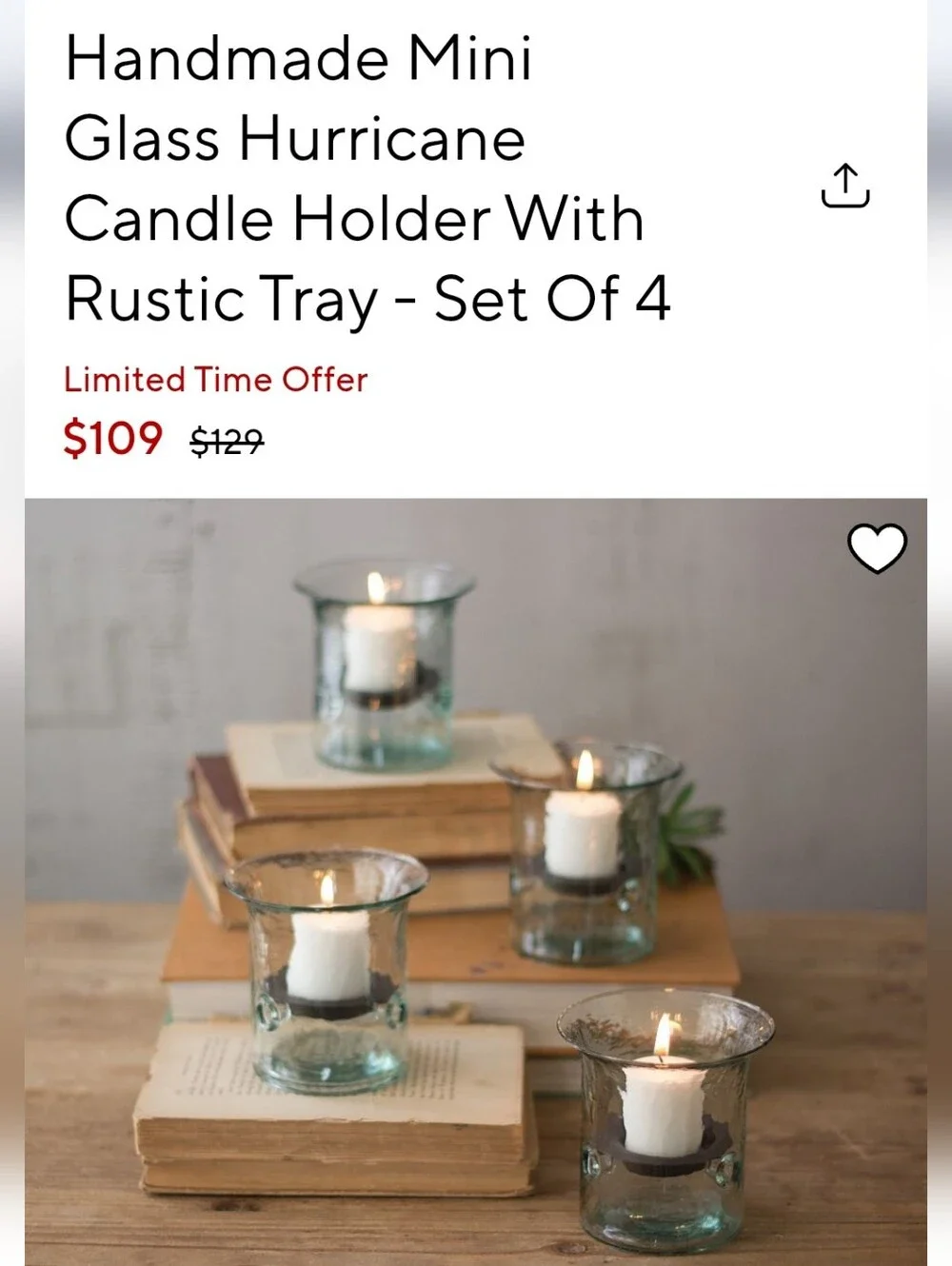 Set Of 3 Pottery Barn Handmade Mini Glass Hurricane Candle Holder W/ Rustic Tray
